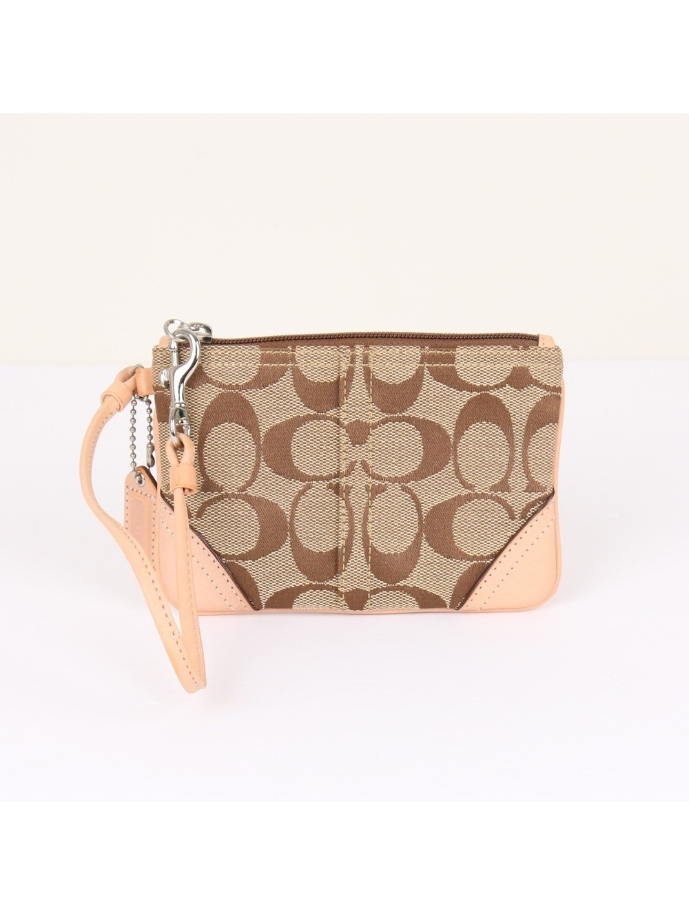 Coach Signature Canvas Zip Wristlet Peach Leather Trim